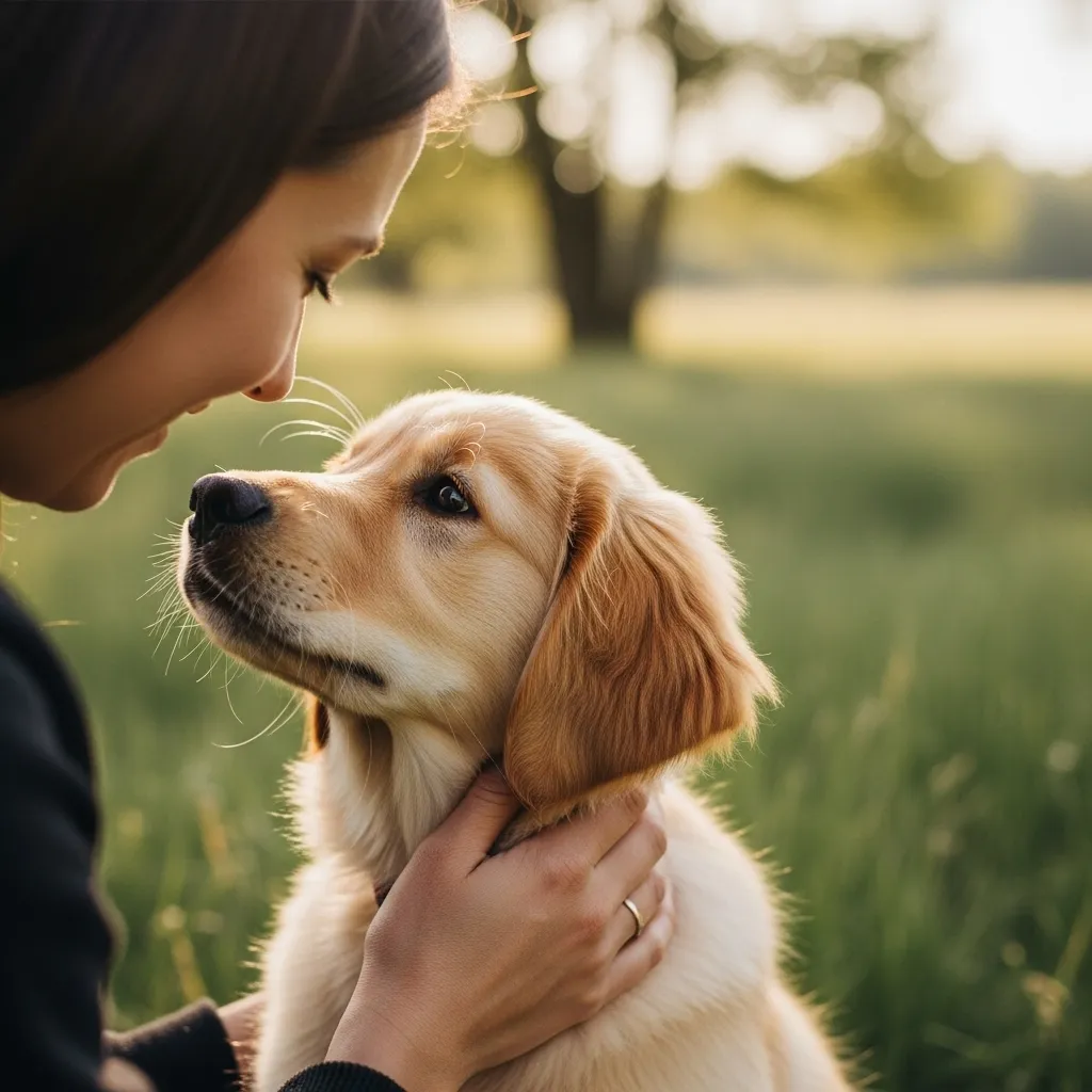 Golden Retriever puppy gazes lovingly at its owner.