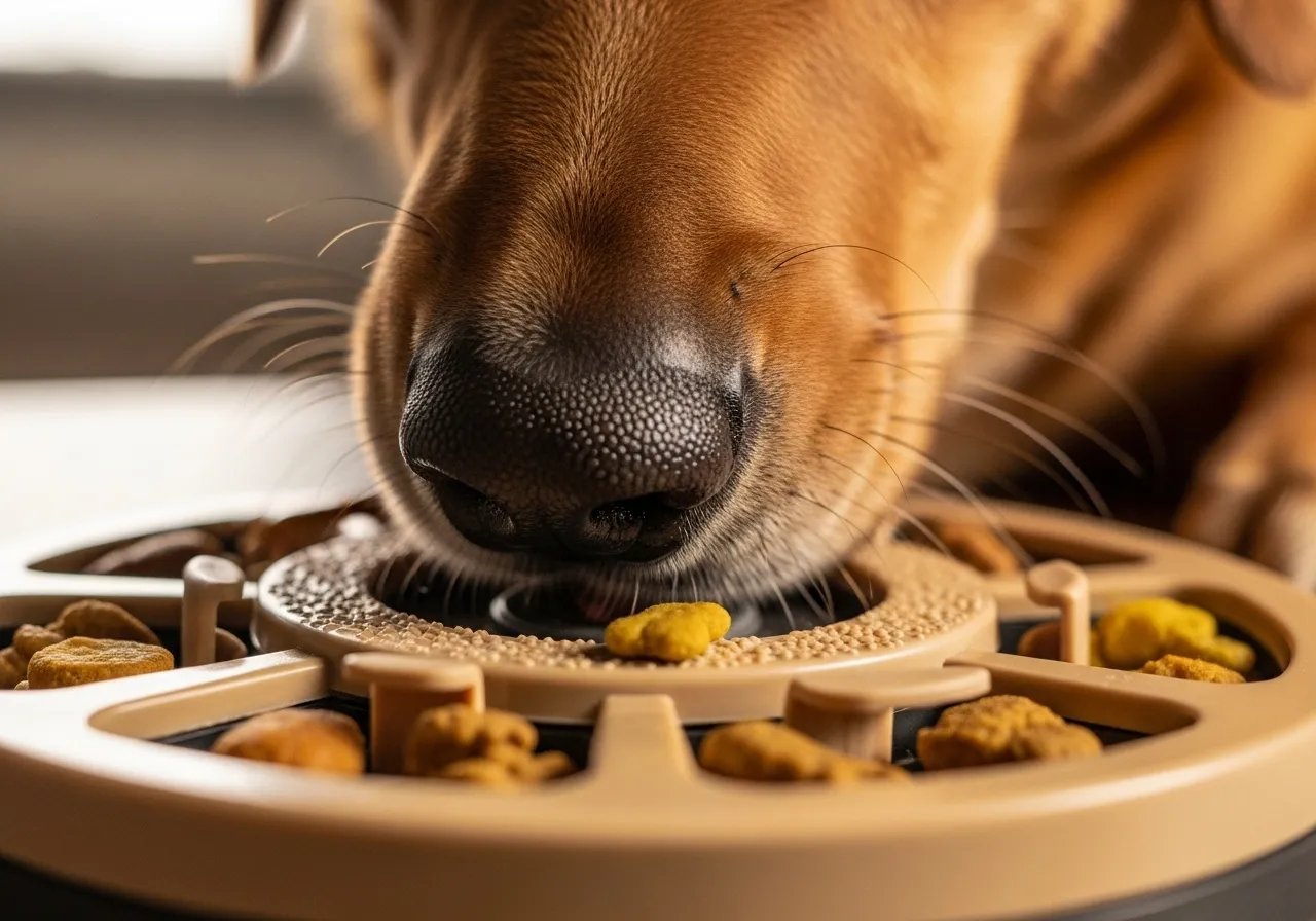 Dog using puzzle toy.