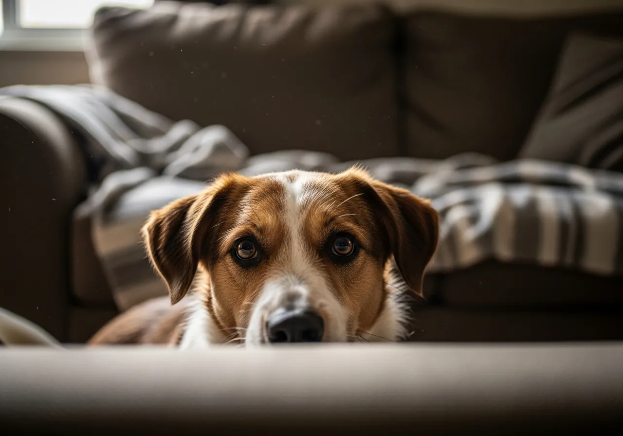 Shelter dog peeks from behind sofa, showing cautious affection.