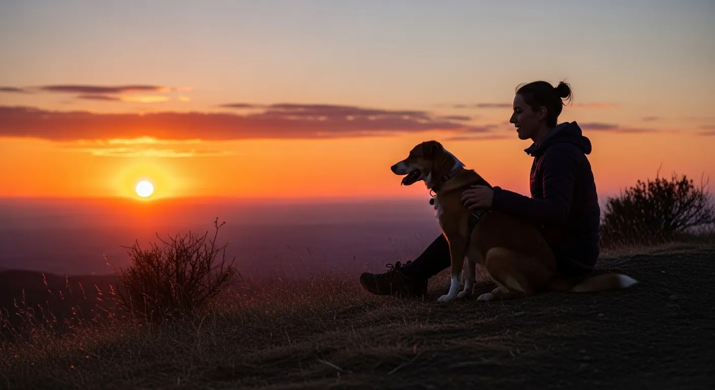 Dog and owner silhouetted against sunset on a hilltop.