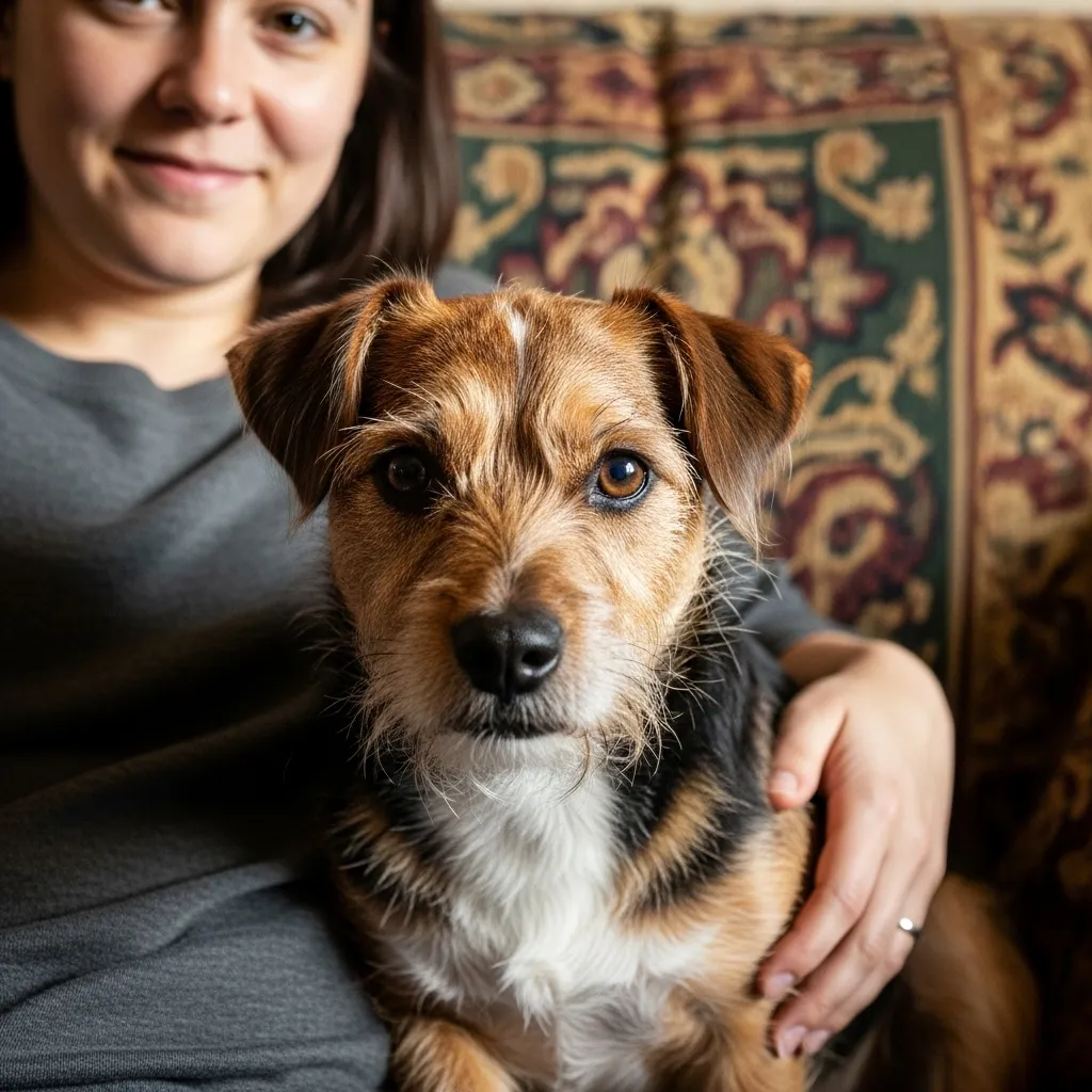Small dog cuddles owner on couch, showing affection.