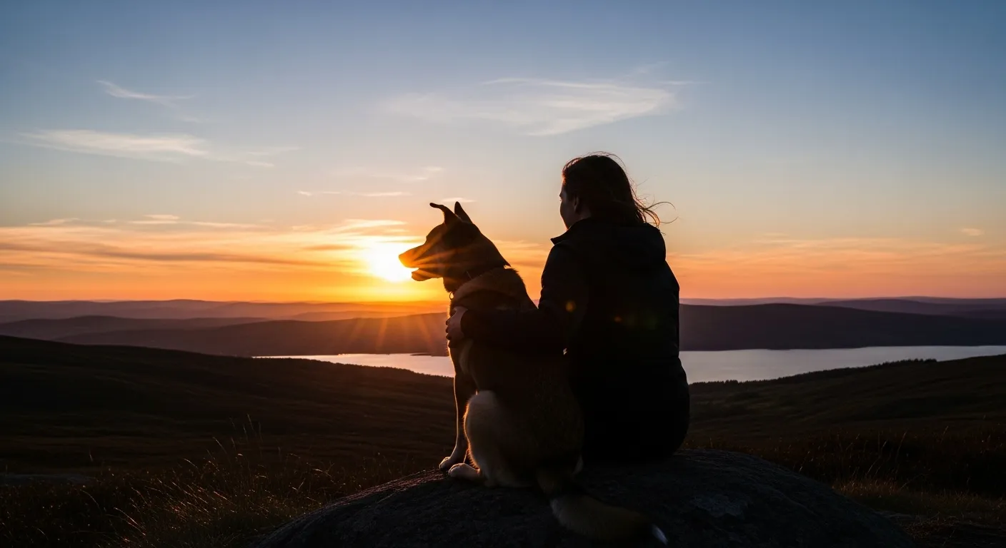 Silhouette of person and dog at sunset.