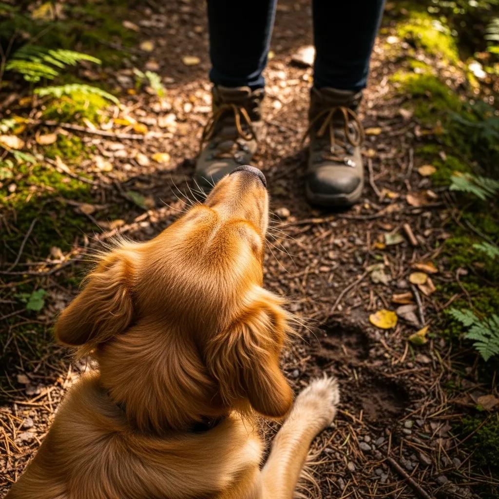 Low angle view of dog checking in with owner on a trail.