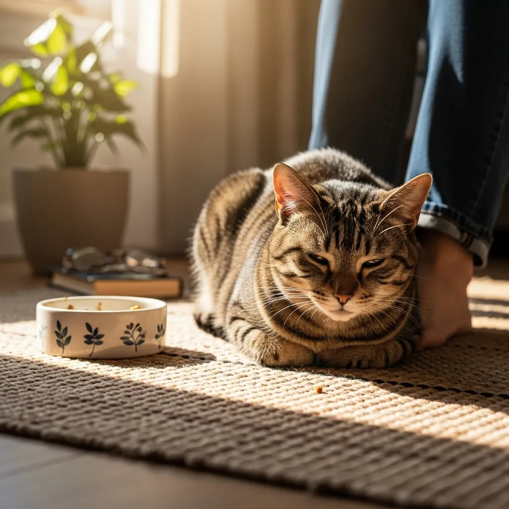A cat rests near its owner after eating.
