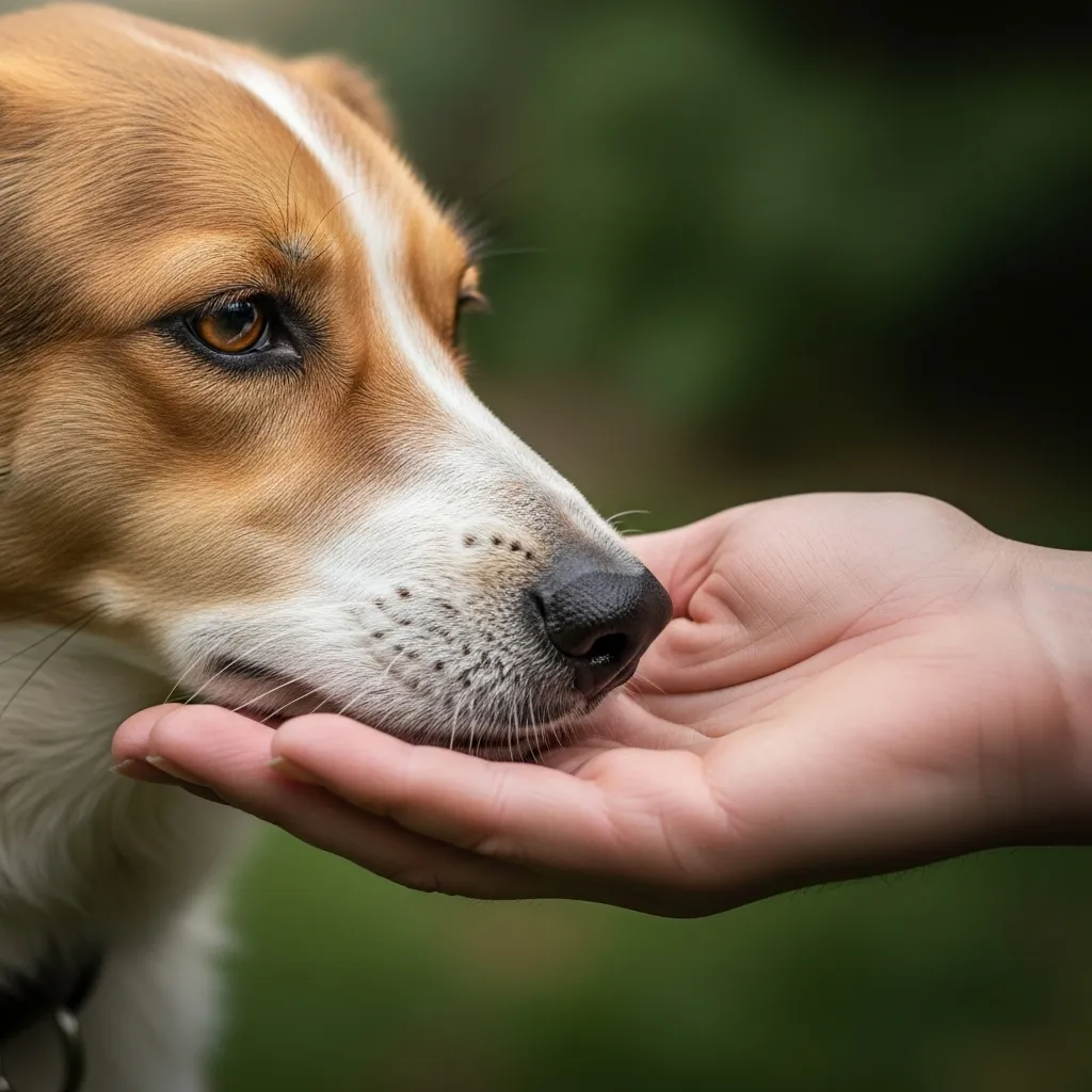 Dog gently nudges nose against person's hand.