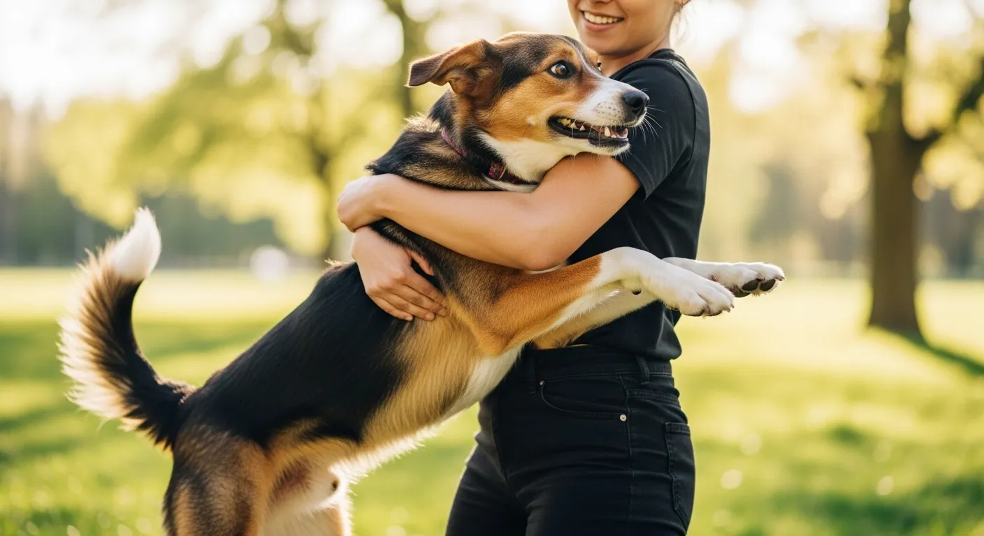 Dog leaping into owner's arms, joyful reunion.