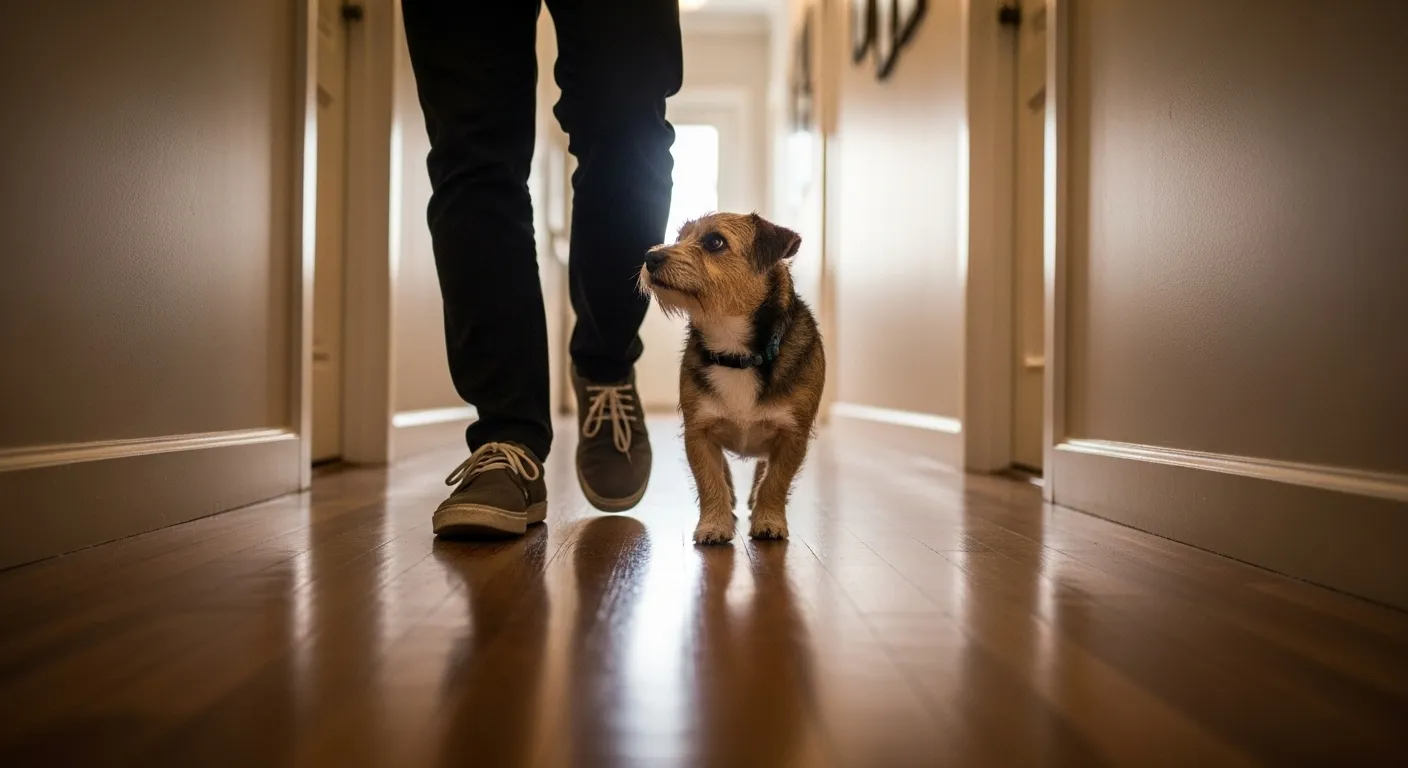 Small dog follows owner's feet down hallway.