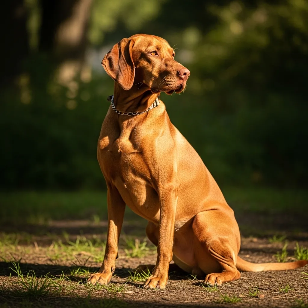 Vizsla dog practicing 'stay' command outdoors.