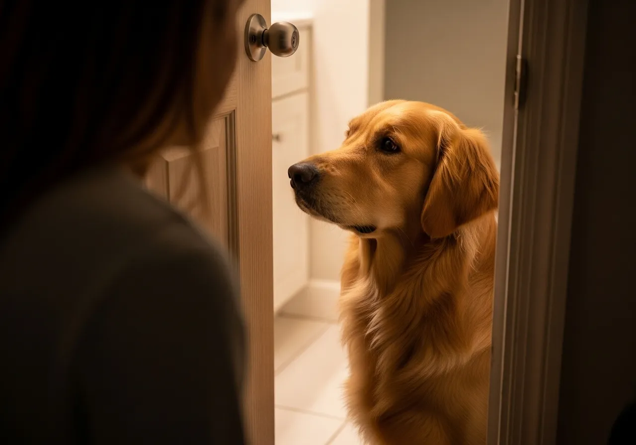 Golden Retriever waits patiently outside bathroom door.