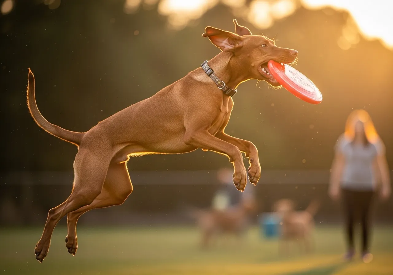 Vizsla catching a frisbee.