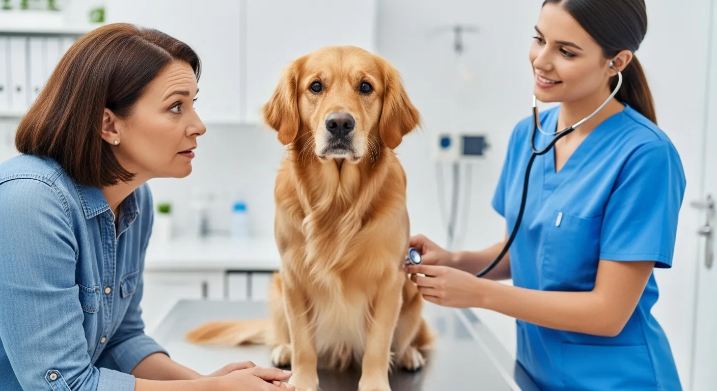 Owner consulting vet about dog's separation anxiety, highlighting importance of professional guidance.