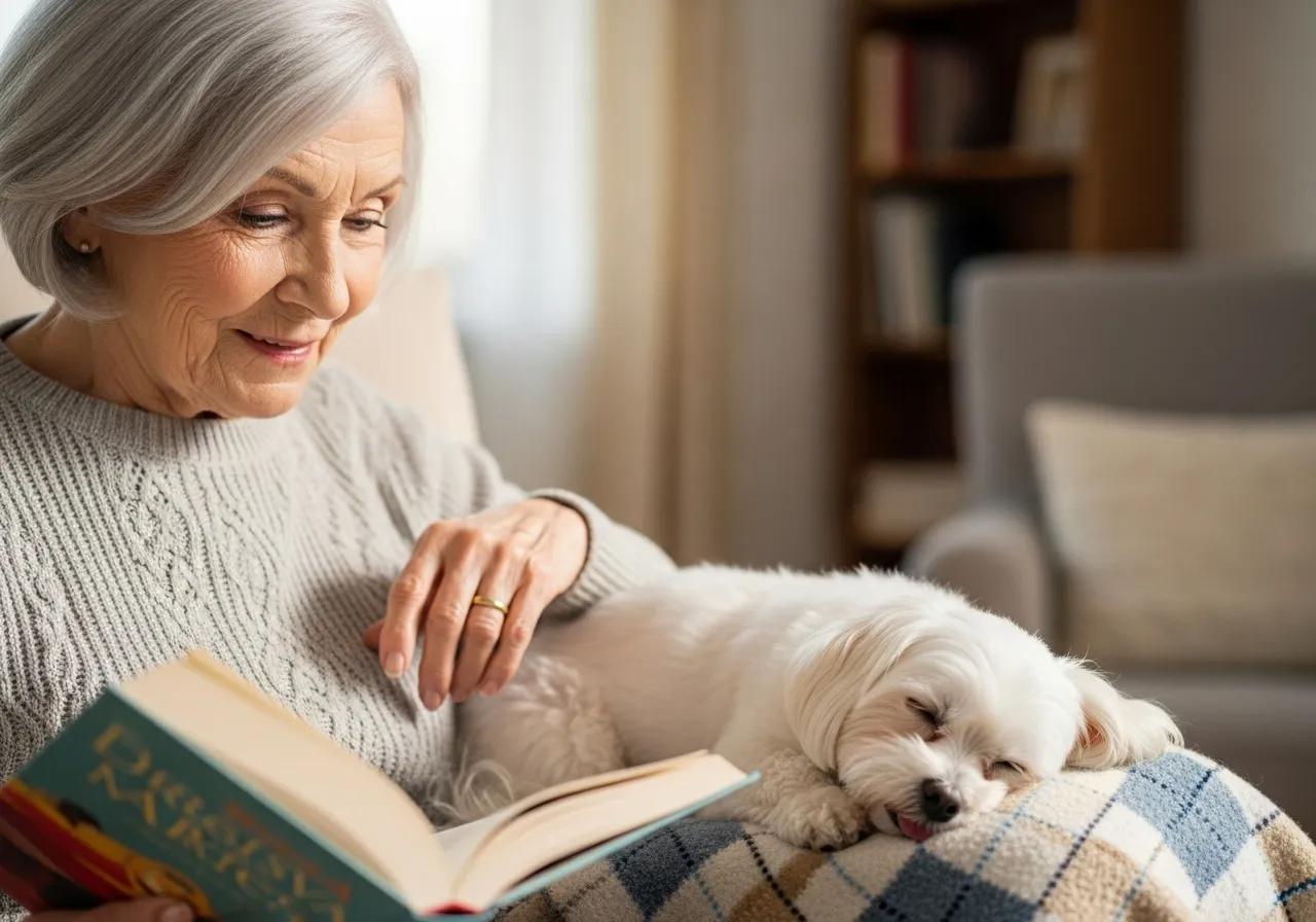 Woman and dog sharing quiet moment.