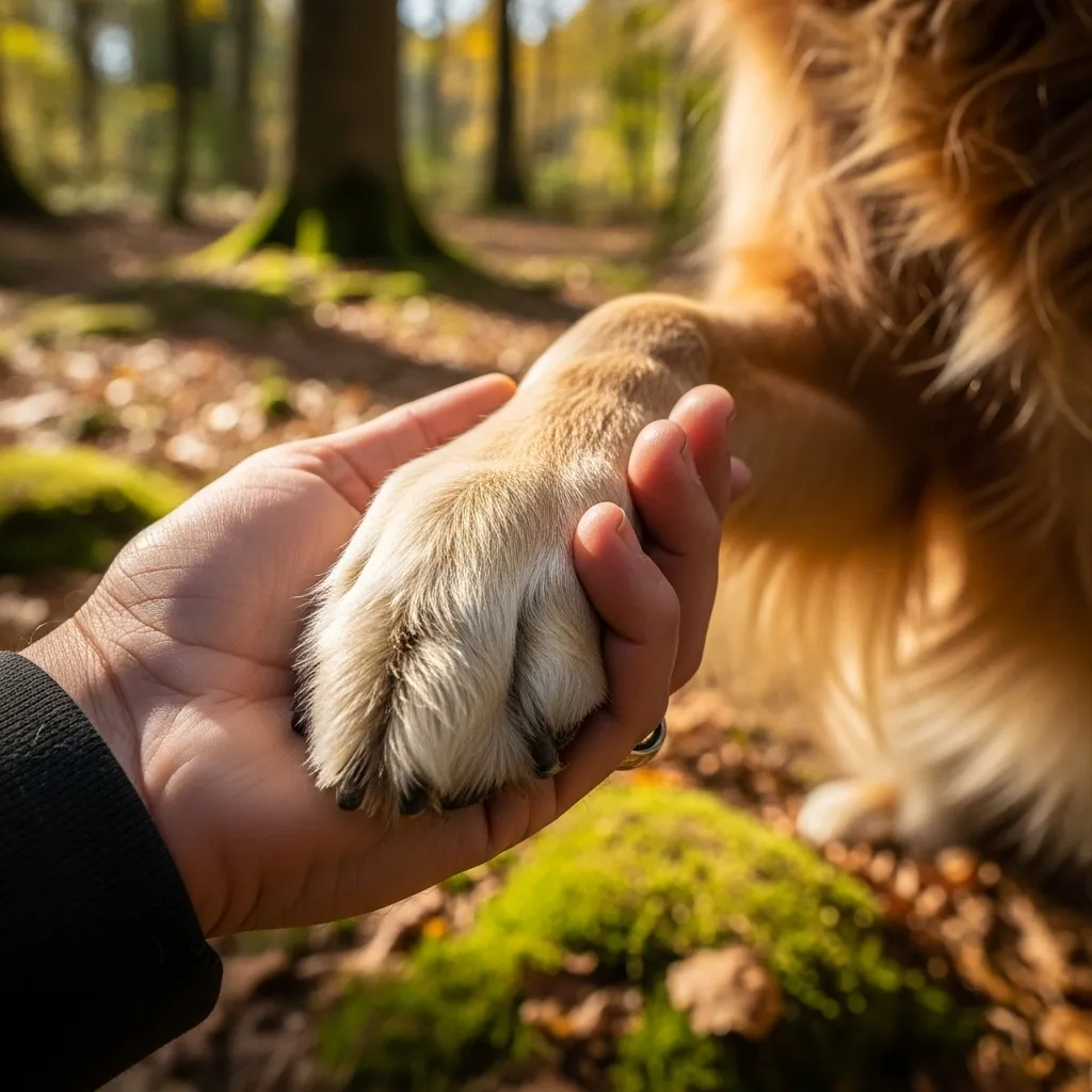 Senior dog's paw showing subtle signs of arthritis, held gently by owner.