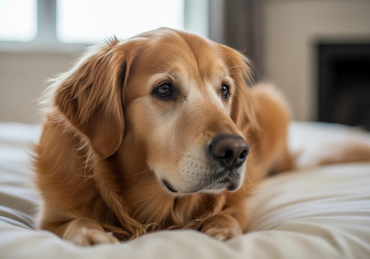An older dog resting, showing subtle signs of stiffness due to arthritis.