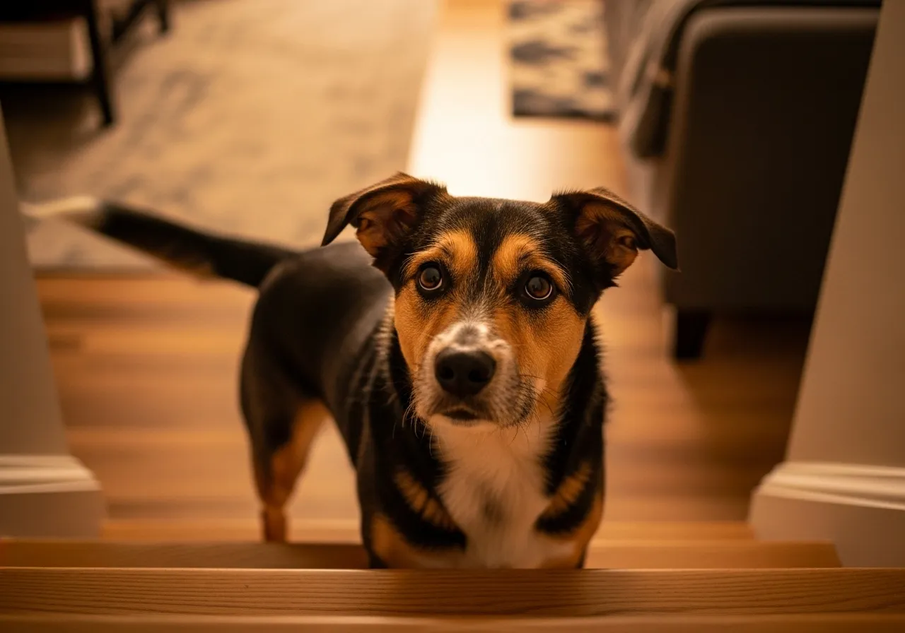 Dog hesitant at stairs, potential mobility issue.
