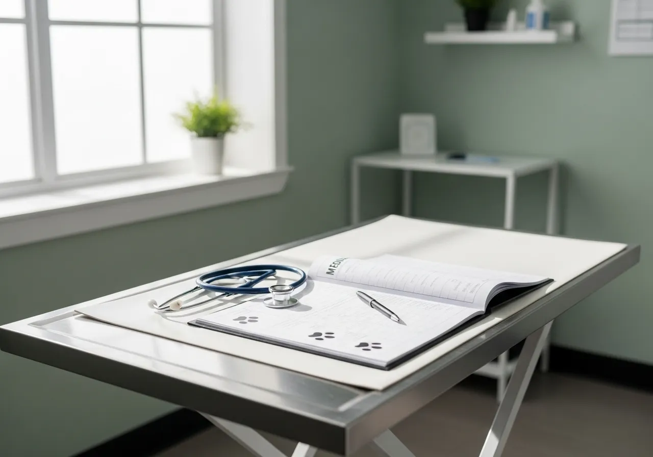 Empty vet exam table ready for a patient.