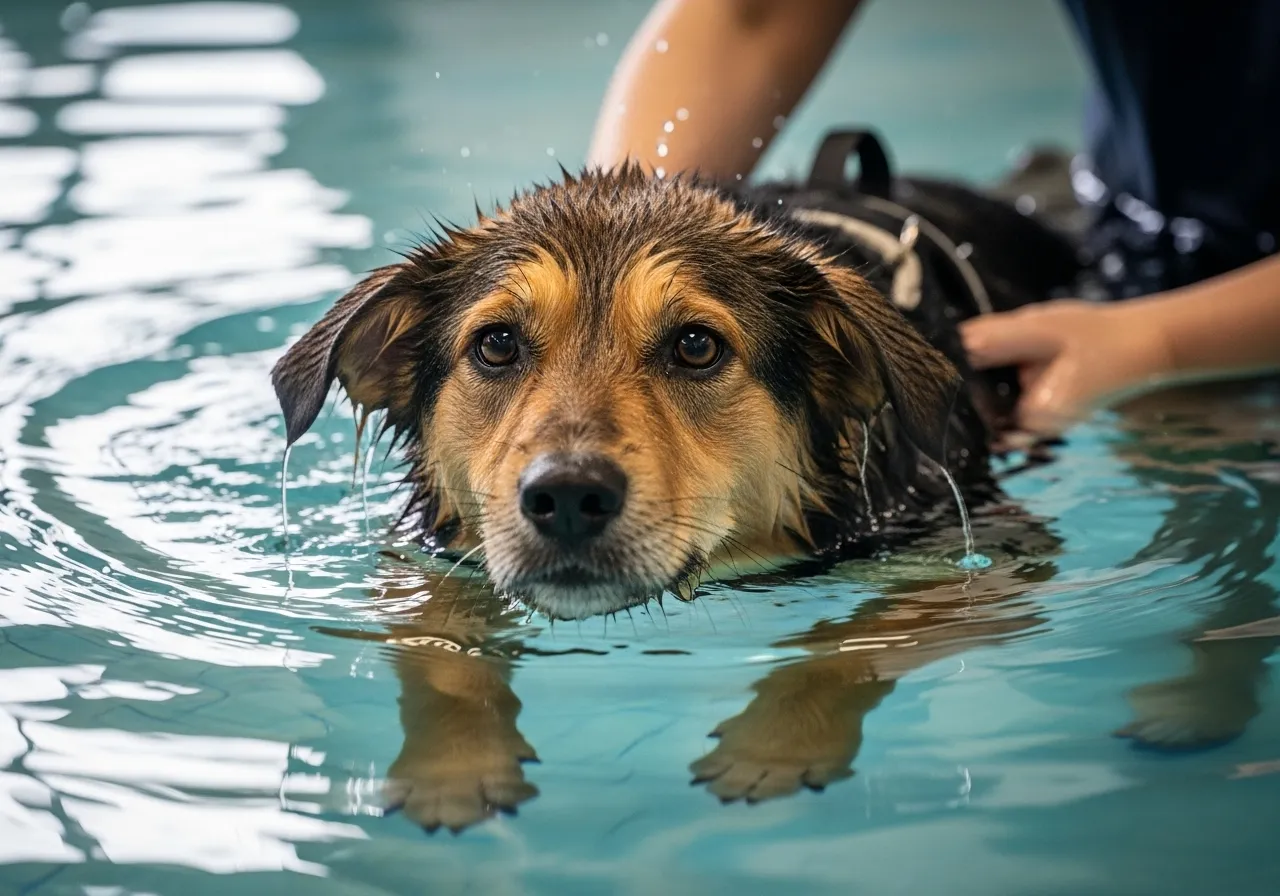 Dog in therapy pool, showcasing water's support for arthritic joints.