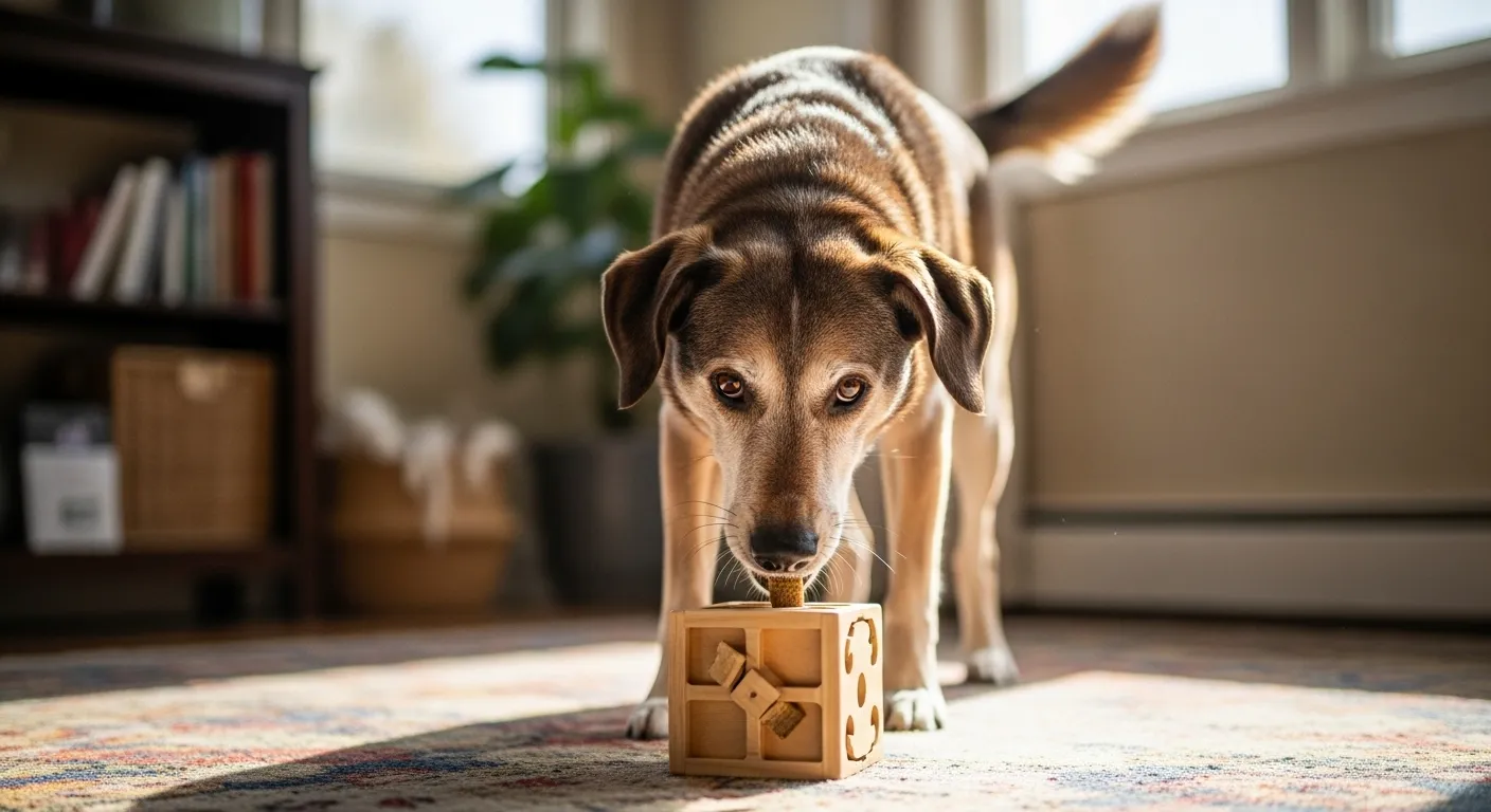 Senior dog using a puzzle toy.