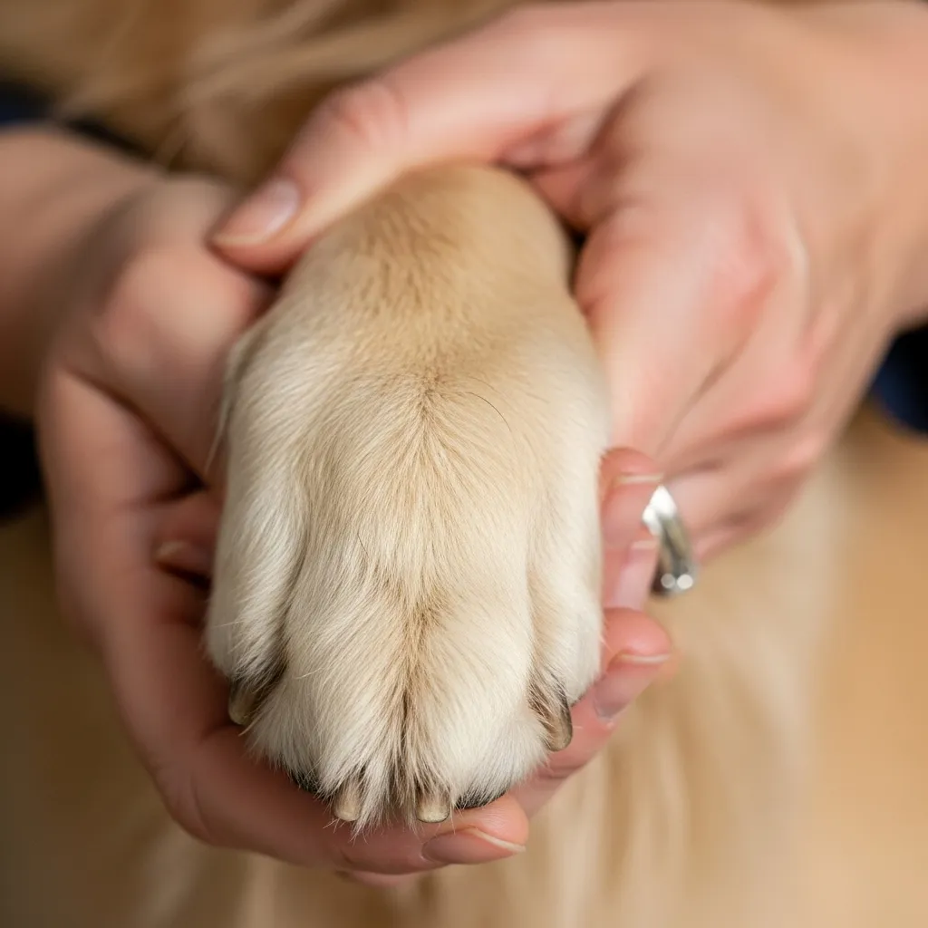 A senior dog's paw, gently held by owner.