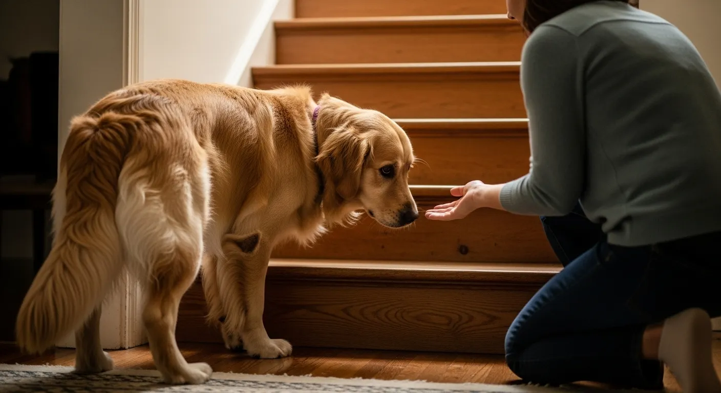 Senior dog hesitates at stairs, owner offers support.