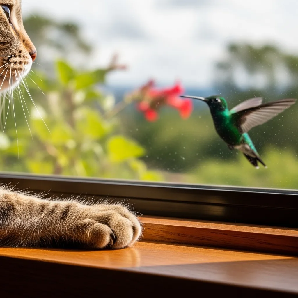 Cat's paw near window, hummingbird outside.