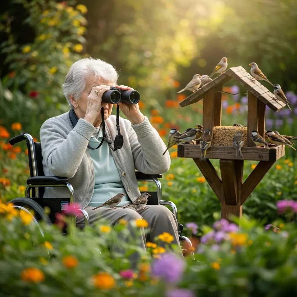 Elderly woman birdwatching in garden.