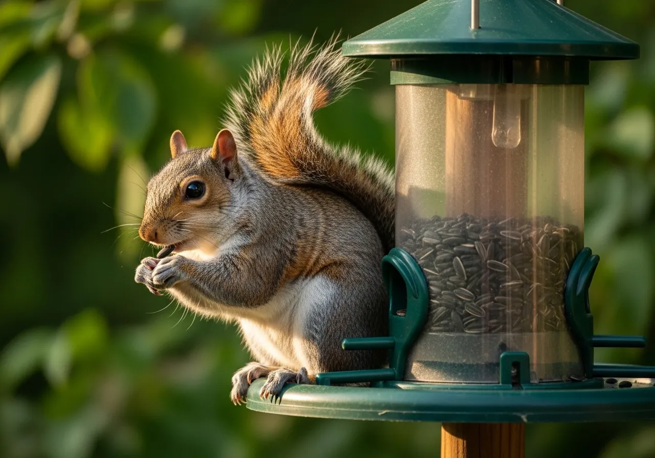 Squirrel on a hopper feeder eating seeds.