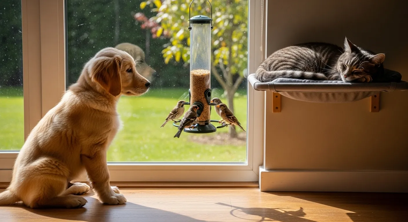 Dog and cat peacefully coexisting indoors during birdwatching.