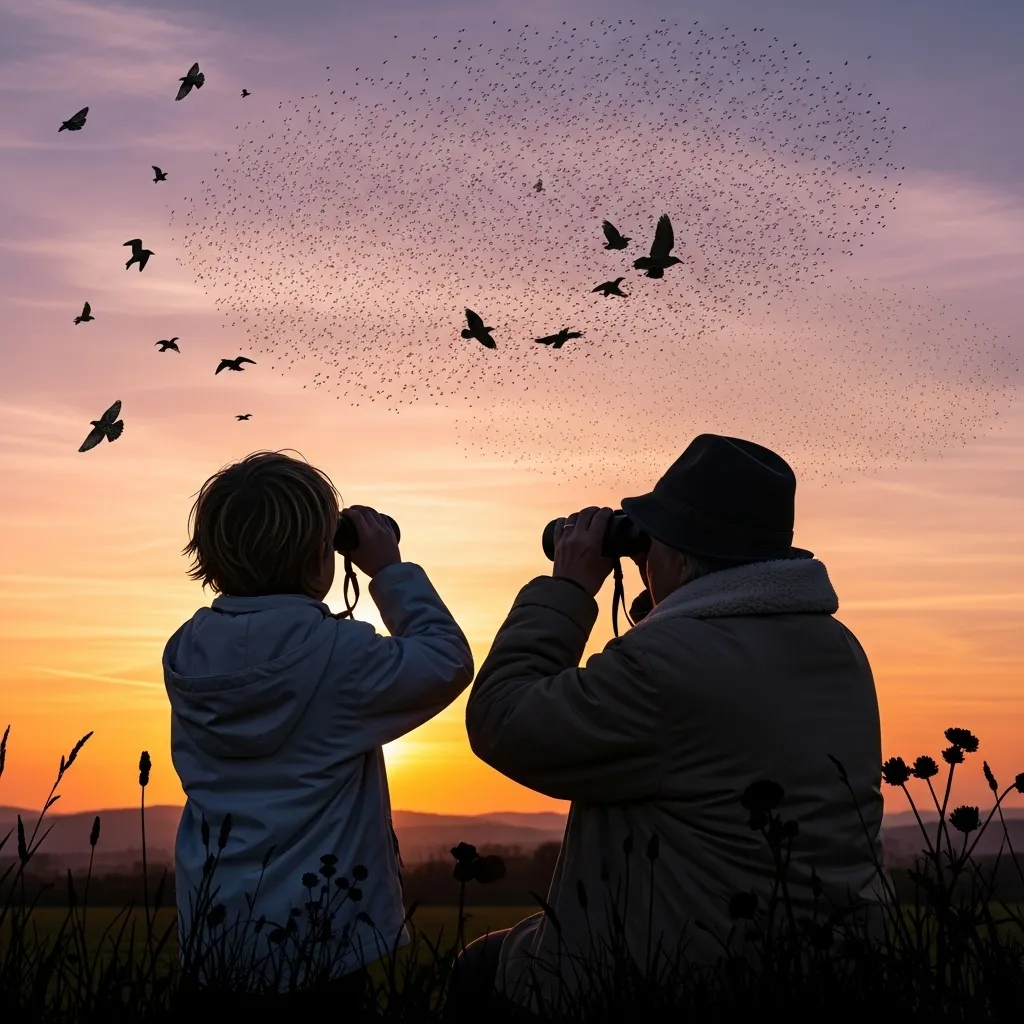 Child and grandparent birdwatching at sunset.