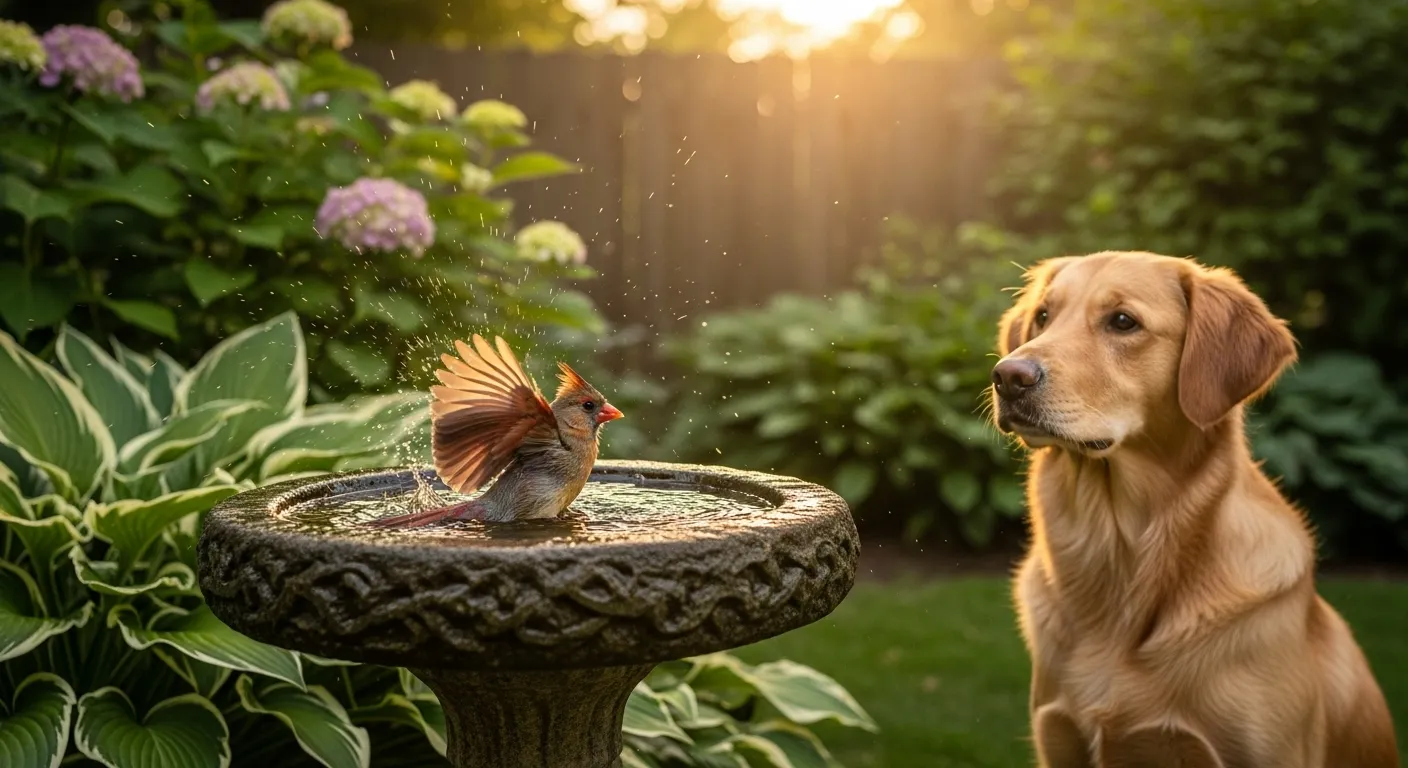 Dog observing cardinal at birdbath.