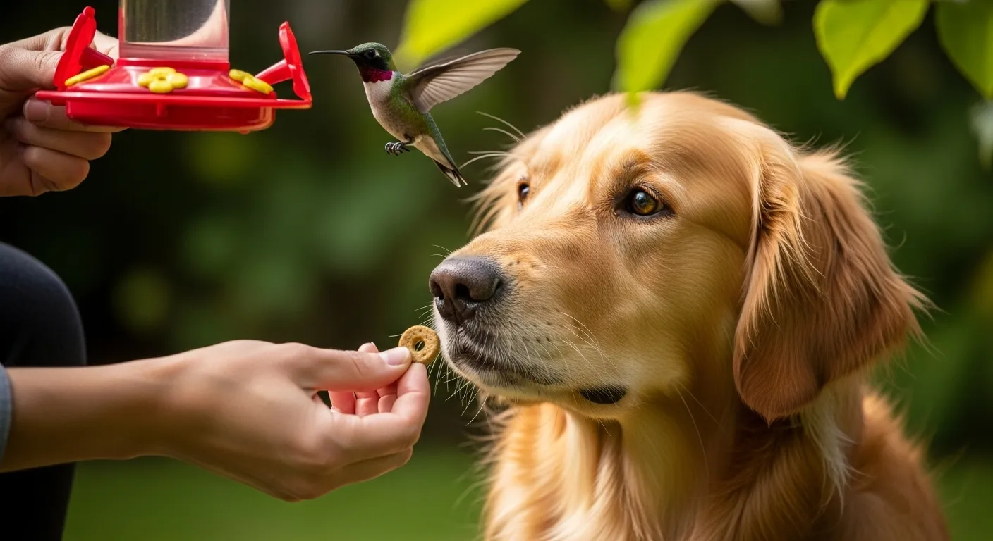 Dog calmly watching hummingbird, gets treat.