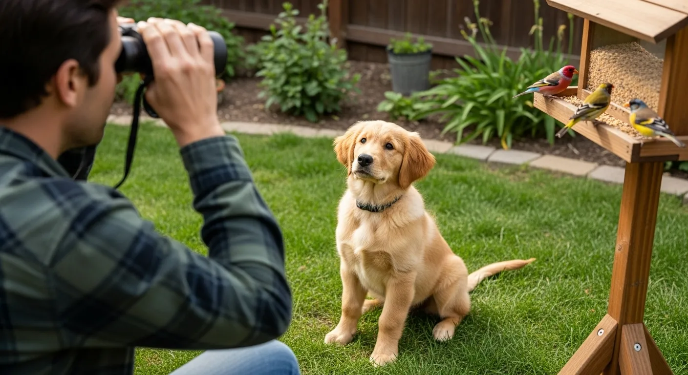 Puppy sits at owner's feet during backyard birdwatching.