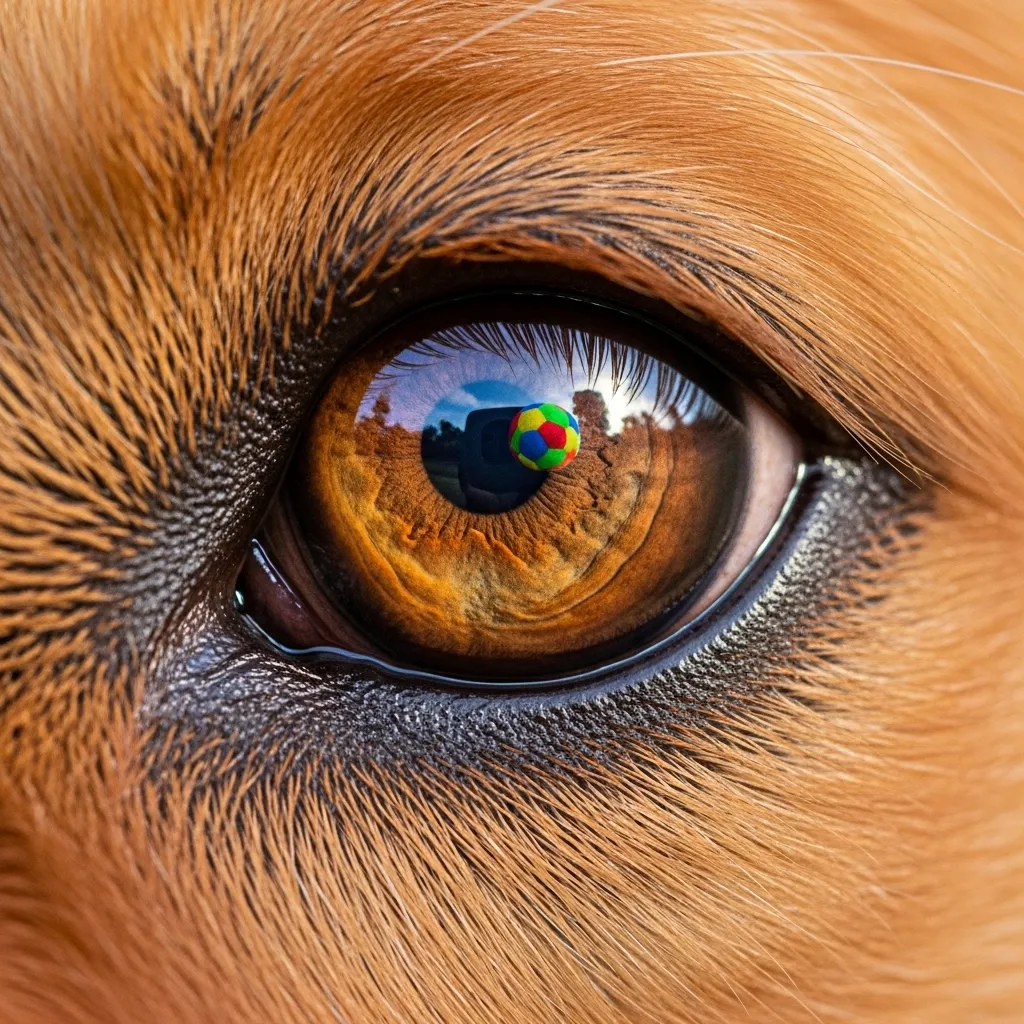 Golden Retriever's eye reflecting a colorful toy.