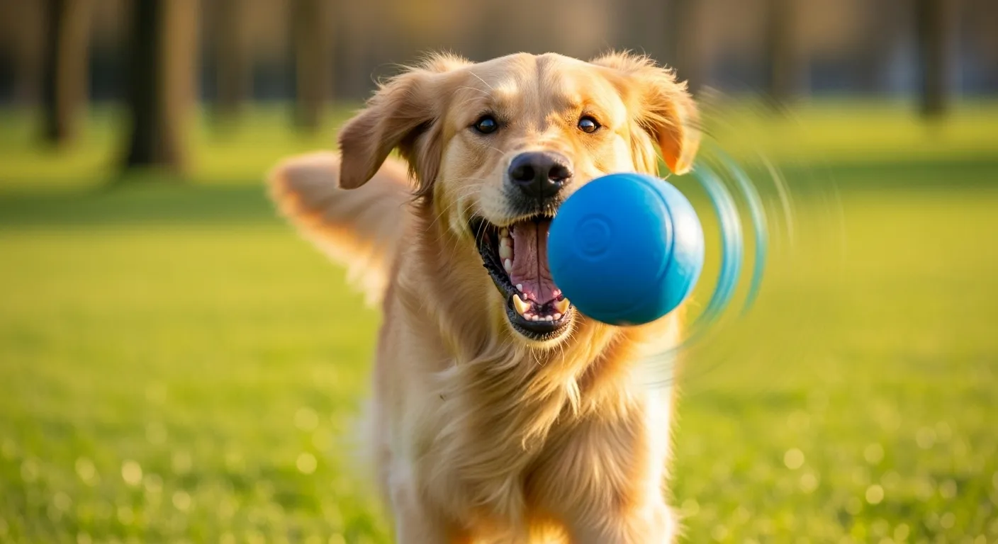 Golden Retriever fetching blue ball in green park.