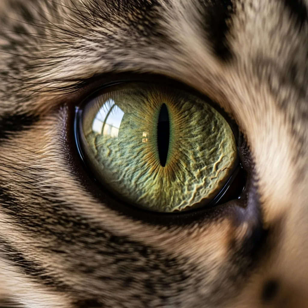 Close-up of a cat's eye reflecting dim light, vertical pupil visible.