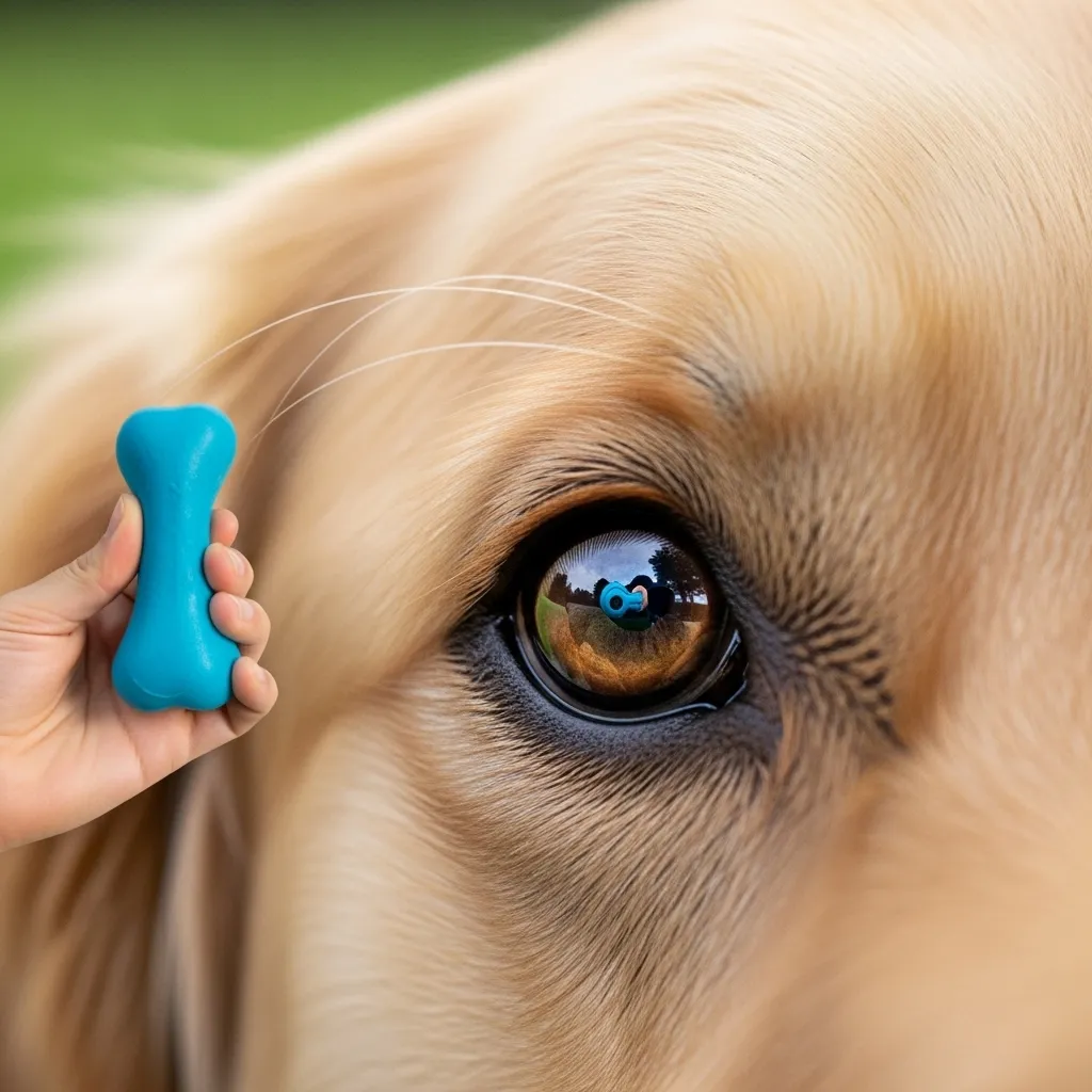 Close-up of a dog's eye reflecting a blue toy.