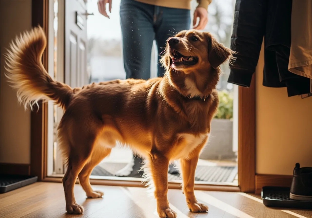 Dog greeting owner with happy tail wag.