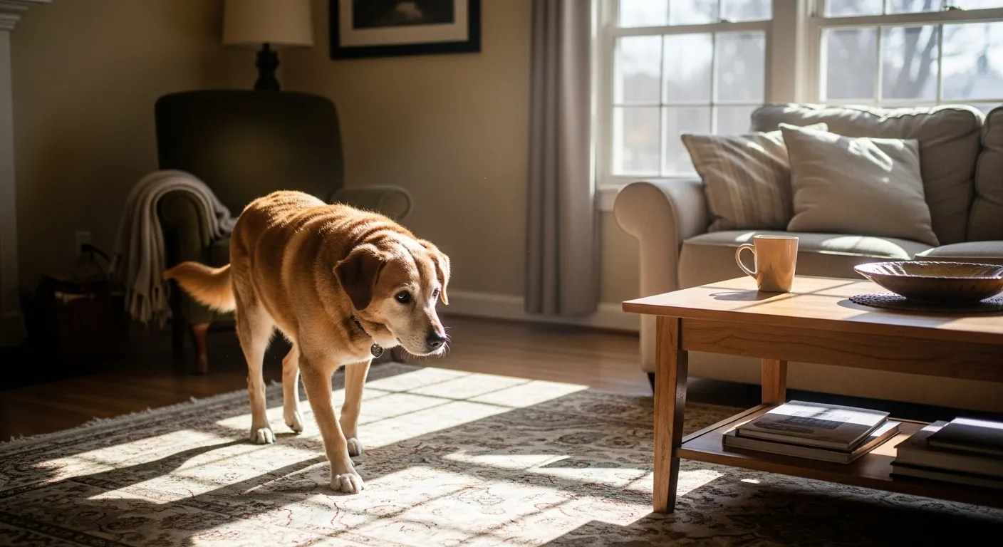 Senior dog navigating a cozy living room.