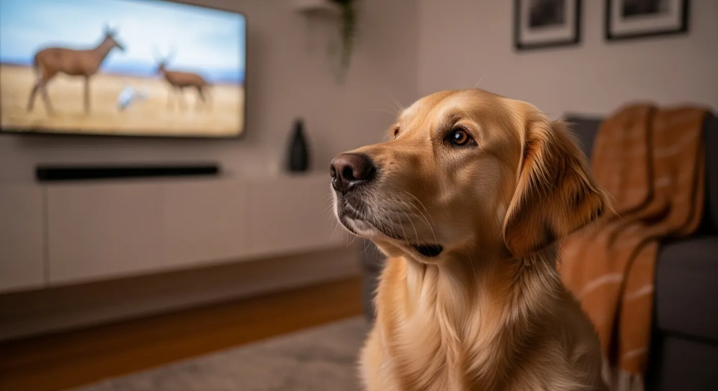 Dog watching TV, reacting to motion and sound.