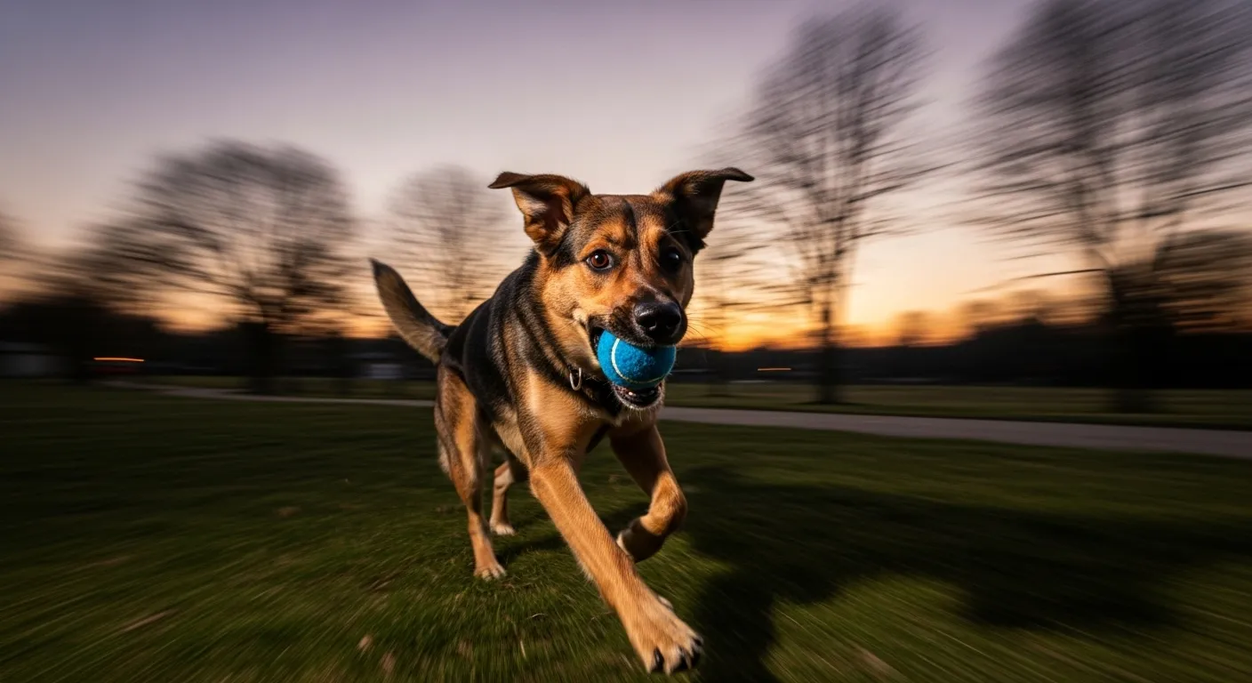 Dog retrieving a blue ball at dusk.