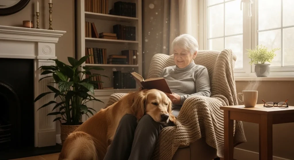 Senior and golden retriever sharing a quiet moment.