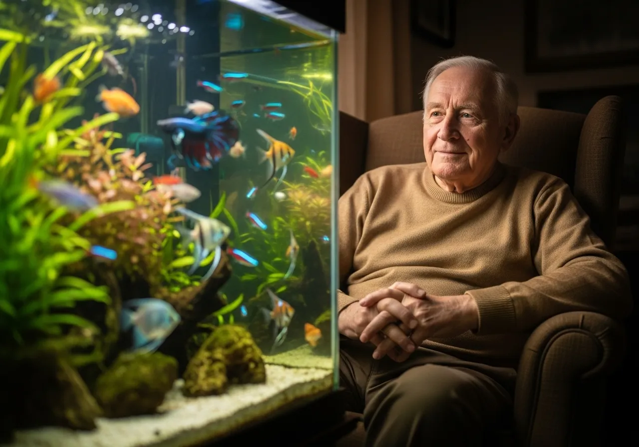 Senior observing fish tank.