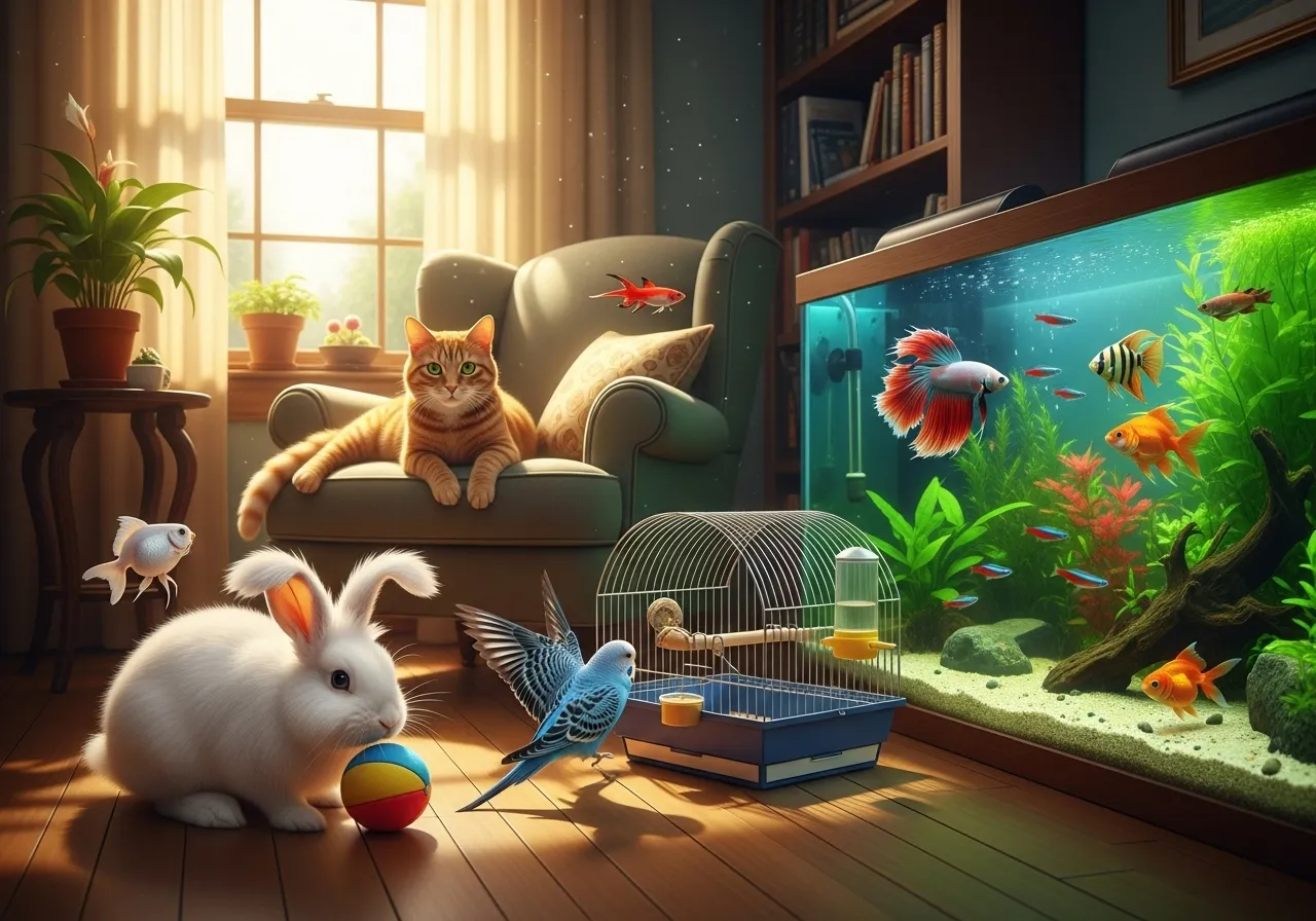 Various pets (rabbit, bird, cat, fish) in a bright senior's home.