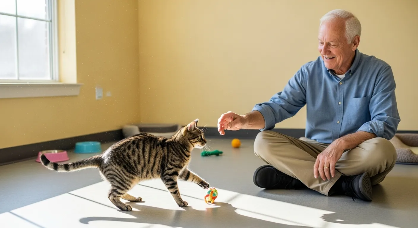 Man playing with cat in shelter's meet-and-greet room.