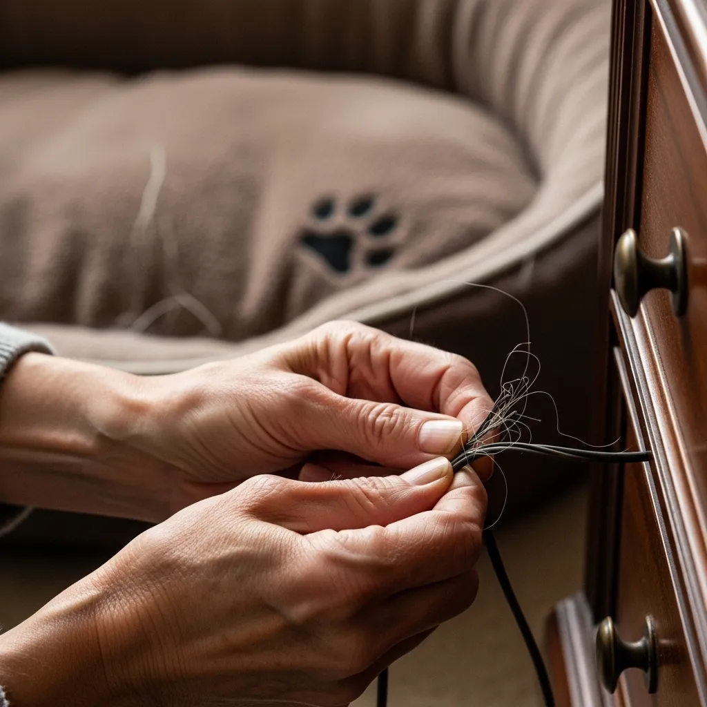Hands securing cord, dog bed nearby.