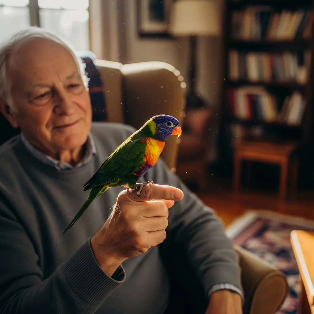 Senior man interacts with his pet bird at home.