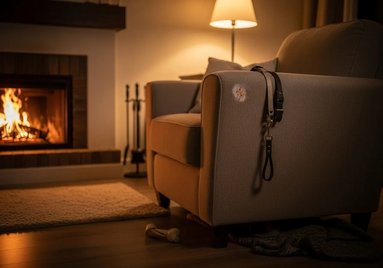 Empty chair with dog leash, anticipating a new companion.