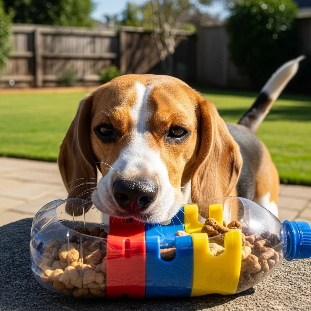 Beagle interacting with a homemade puzzle toy.