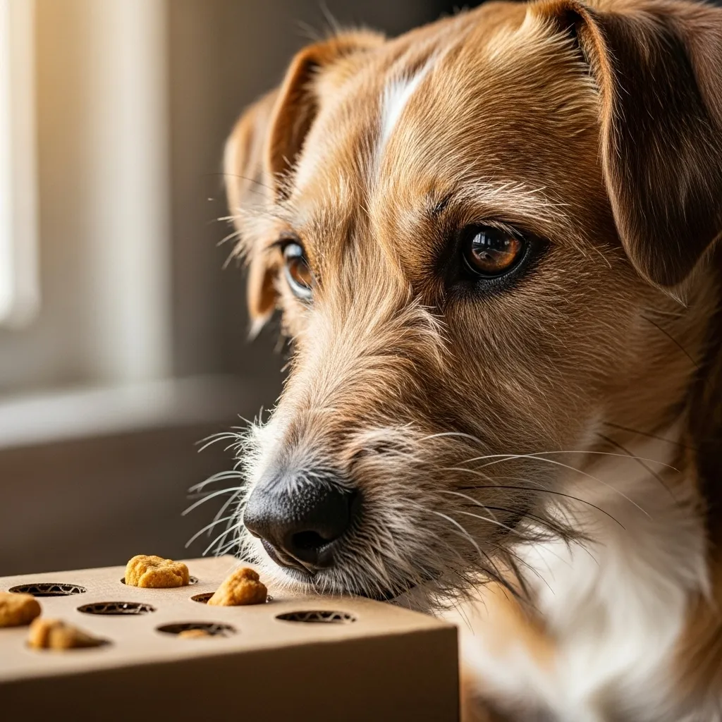 Terrier mix dog engrossed in a treat-filled puzzle toy, bathed in soft natural light.