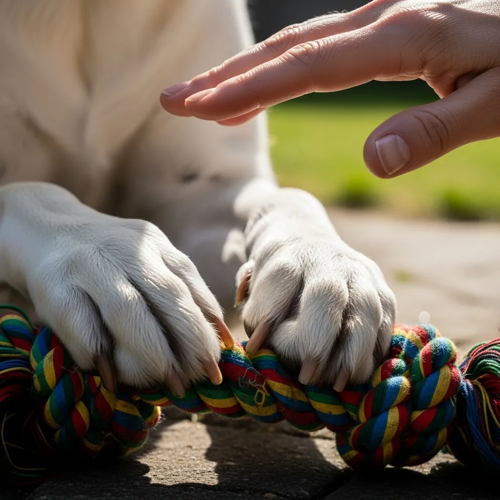 Dog paws and human hand gently interacting with a rope toy.